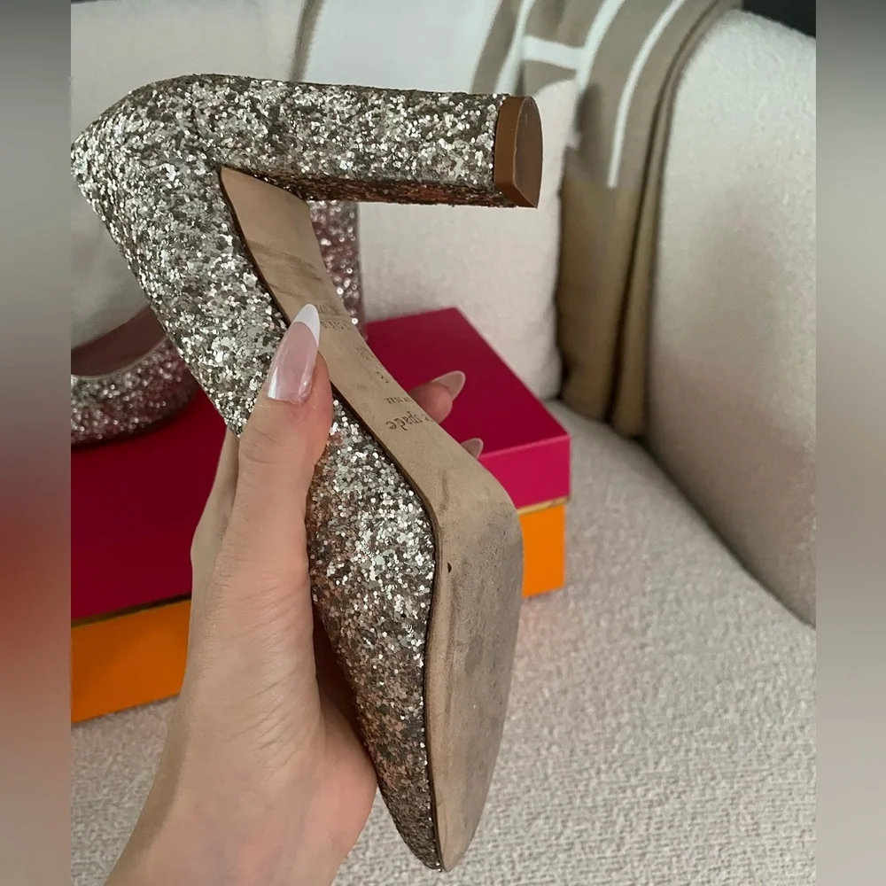 Kate‎ Spade Silver Glitter Sparkly Round Toe Chunky Heel Pump